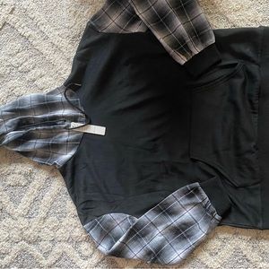 Women Spliced Plaid Drawstring Hoodie Long Sleeve